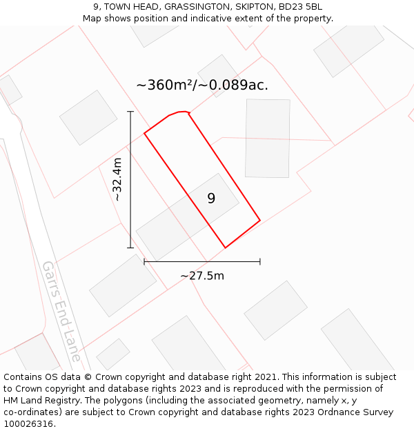 9, TOWN HEAD, GRASSINGTON, SKIPTON, BD23 5BL: Plot and title map