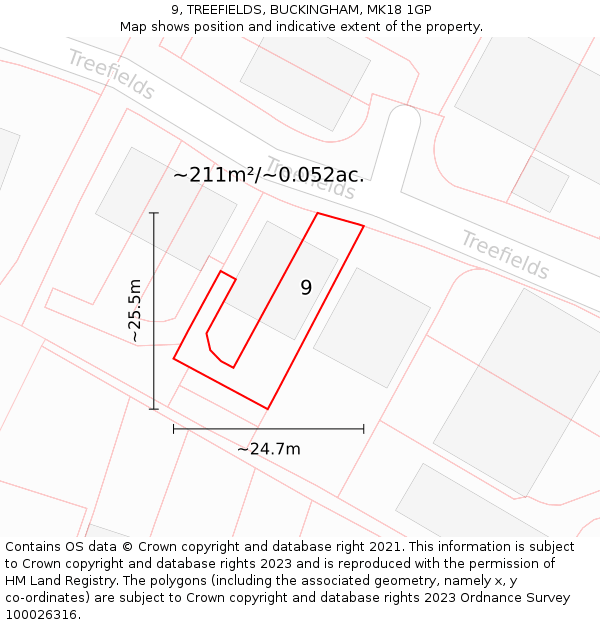 9, TREEFIELDS, BUCKINGHAM, MK18 1GP: Plot and title map