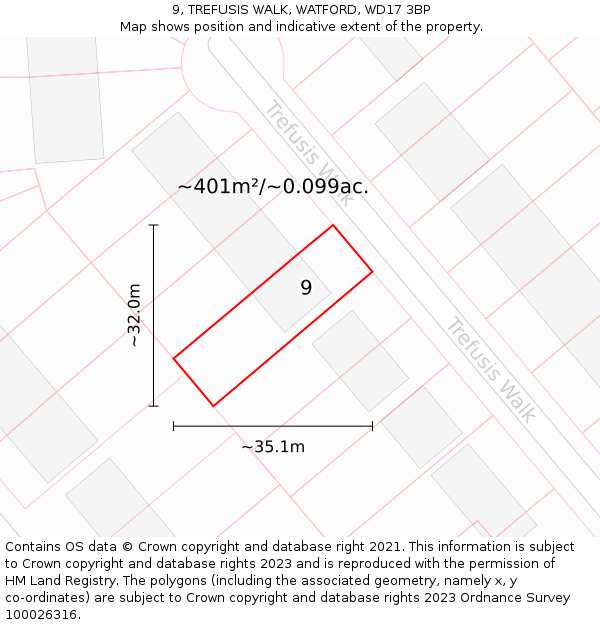 9, TREFUSIS WALK, WATFORD, WD17 3BP: Plot and title map