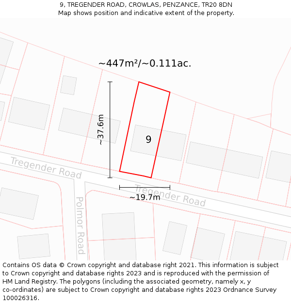 9, TREGENDER ROAD, CROWLAS, PENZANCE, TR20 8DN: Plot and title map