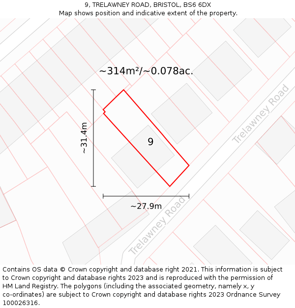 9, TRELAWNEY ROAD, BRISTOL, BS6 6DX: Plot and title map