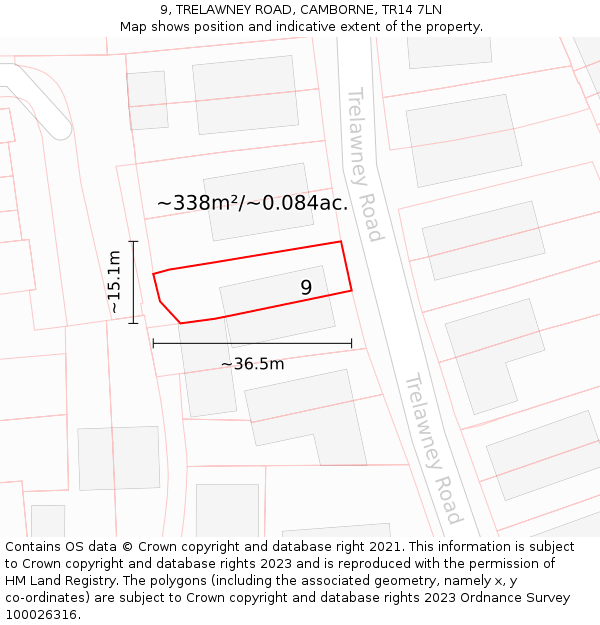 9, TRELAWNEY ROAD, CAMBORNE, TR14 7LN: Plot and title map