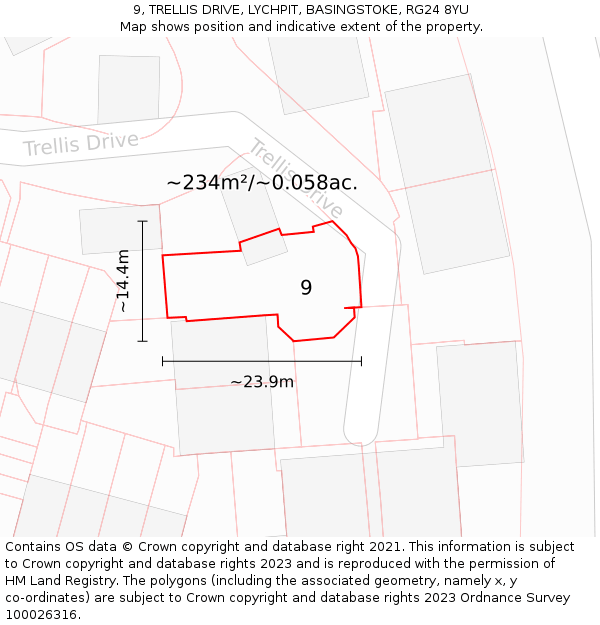 9, TRELLIS DRIVE, LYCHPIT, BASINGSTOKE, RG24 8YU: Plot and title map