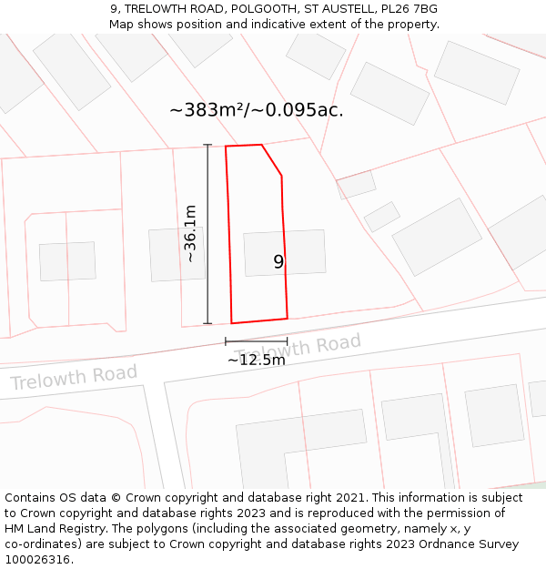 9, TRELOWTH ROAD, POLGOOTH, ST AUSTELL, PL26 7BG: Plot and title map