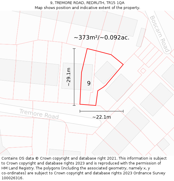9, TREMORE ROAD, REDRUTH, TR15 1QA: Plot and title map