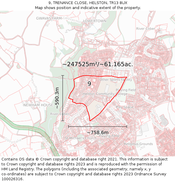 9, TRENANCE CLOSE, HELSTON, TR13 8UX: Plot and title map