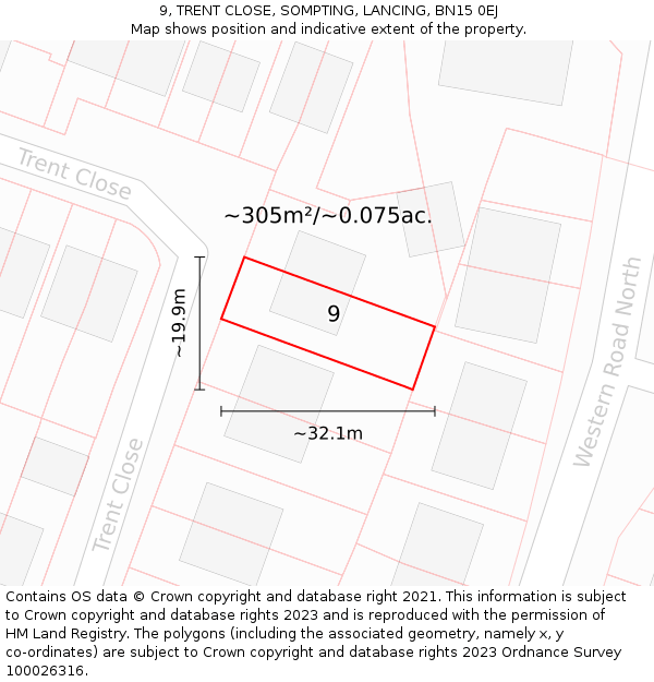 9, TRENT CLOSE, SOMPTING, LANCING, BN15 0EJ: Plot and title map