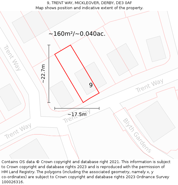 9, TRENT WAY, MICKLEOVER, DERBY, DE3 0AF: Plot and title map