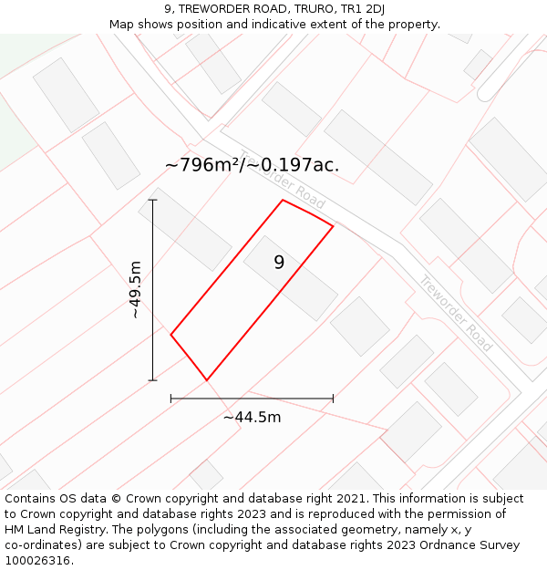 9, TREWORDER ROAD, TRURO, TR1 2DJ: Plot and title map