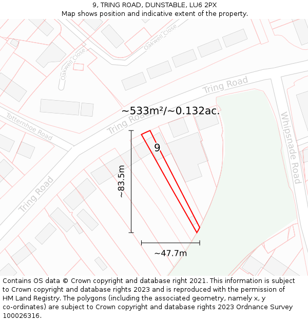 9, TRING ROAD, DUNSTABLE, LU6 2PX: Plot and title map