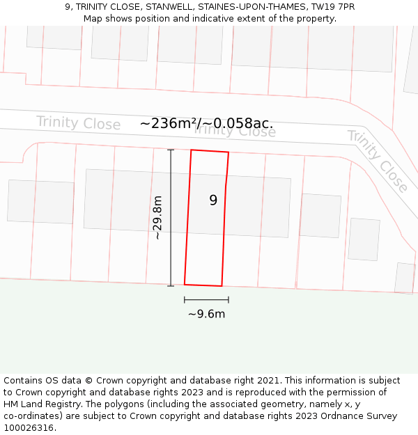 9, TRINITY CLOSE, STANWELL, STAINES-UPON-THAMES, TW19 7PR: Plot and title map