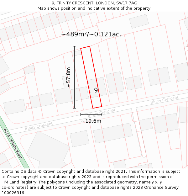 9, TRINITY CRESCENT, LONDON, SW17 7AG: Plot and title map