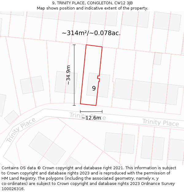 9, TRINITY PLACE, CONGLETON, CW12 3JB: Plot and title map