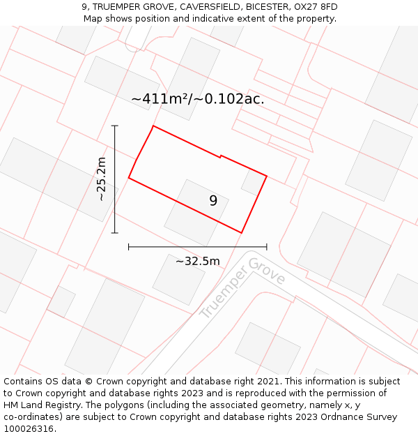 9, TRUEMPER GROVE, CAVERSFIELD, BICESTER, OX27 8FD: Plot and title map
