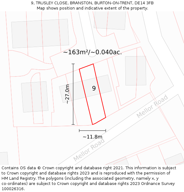9, TRUSLEY CLOSE, BRANSTON, BURTON-ON-TRENT, DE14 3FB: Plot and title map