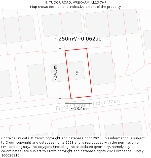 9, TUDOR ROAD, WREXHAM, LL13 7HF: Plot and title map
