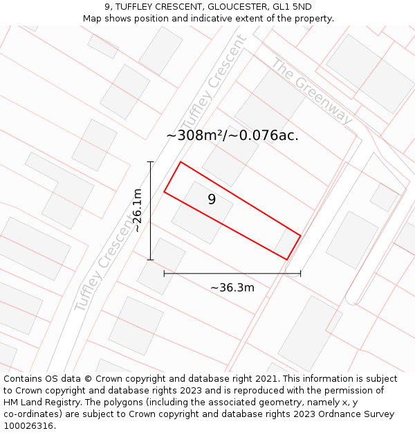 9, TUFFLEY CRESCENT, GLOUCESTER, GL1 5ND: Plot and title map