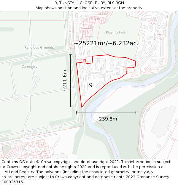 9, TUNSTALL CLOSE, BURY, BL9 9GN: Plot and title map