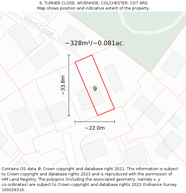9, TURNER CLOSE, WIVENHOE, COLCHESTER, CO7 9RQ: Plot and title map