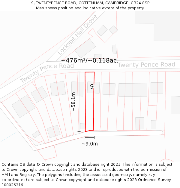 9, TWENTYPENCE ROAD, COTTENHAM, CAMBRIDGE, CB24 8SP: Plot and title map