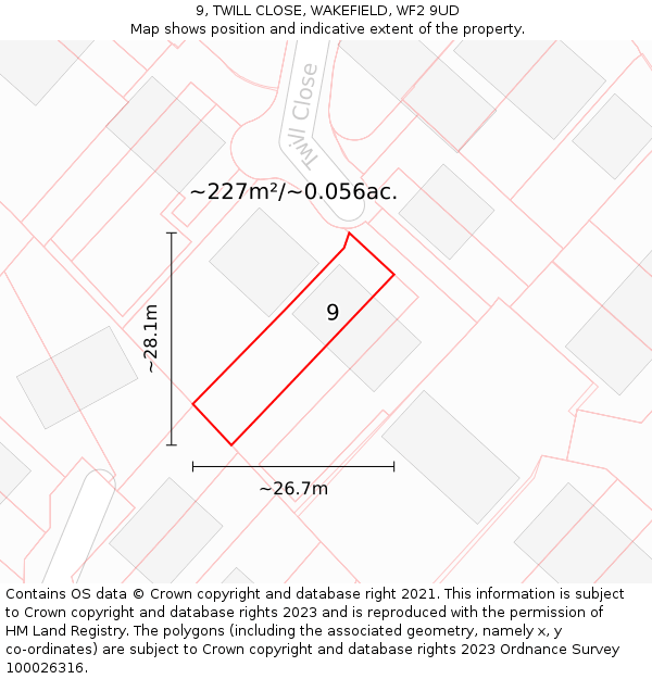 9, TWILL CLOSE, WAKEFIELD, WF2 9UD: Plot and title map