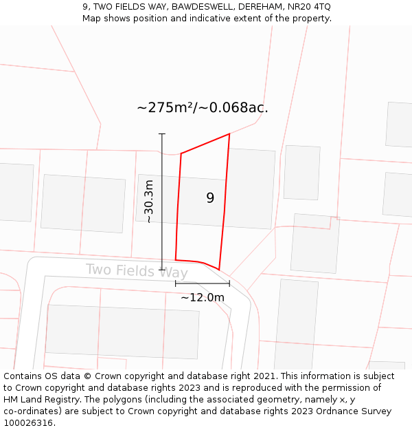 9, TWO FIELDS WAY, BAWDESWELL, DEREHAM, NR20 4TQ: Plot and title map
