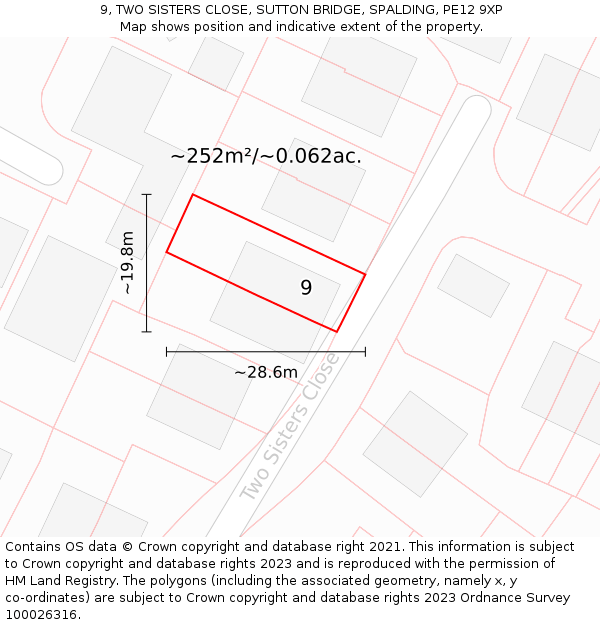 9, TWO SISTERS CLOSE, SUTTON BRIDGE, SPALDING, PE12 9XP: Plot and title map