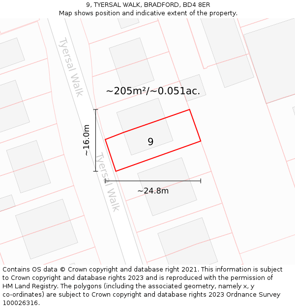 9, TYERSAL WALK, BRADFORD, BD4 8ER: Plot and title map