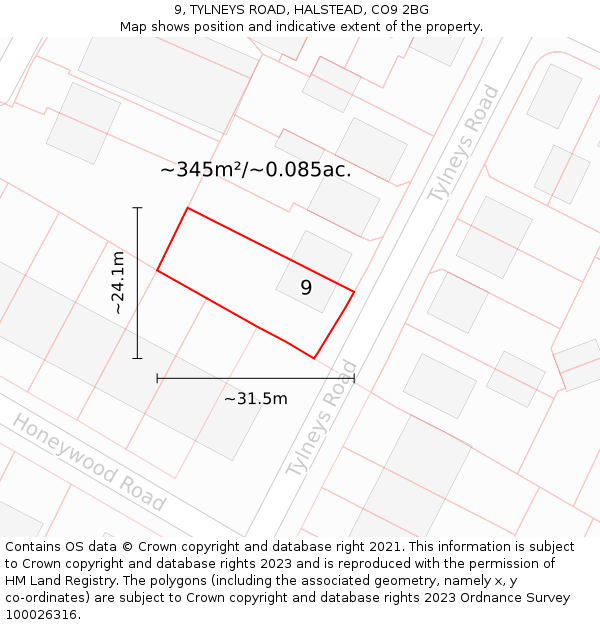 9, TYLNEYS ROAD, HALSTEAD, CO9 2BG: Plot and title map