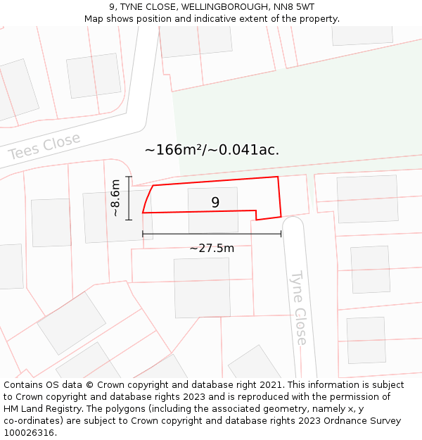 9, TYNE CLOSE, WELLINGBOROUGH, NN8 5WT: Plot and title map