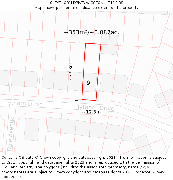 9, TYTHORN DRIVE, WIGSTON, LE18 1BS: Plot and title map