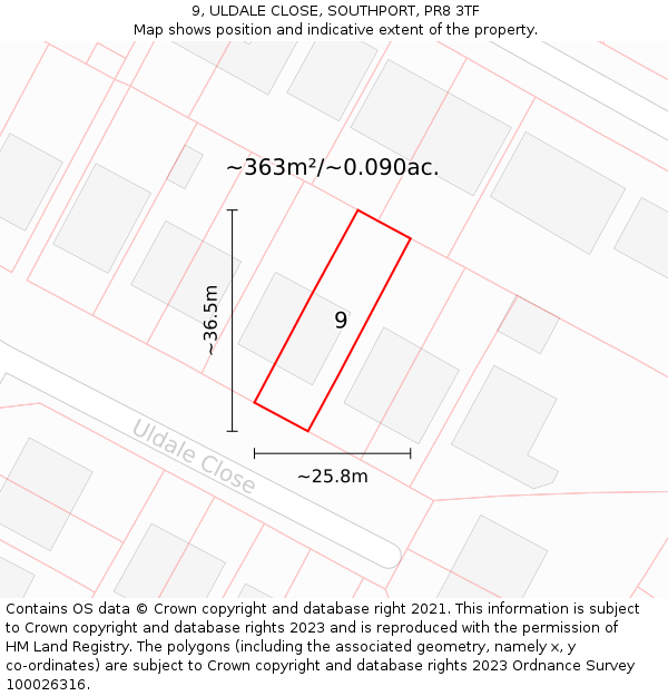 9, ULDALE CLOSE, SOUTHPORT, PR8 3TF: Plot and title map