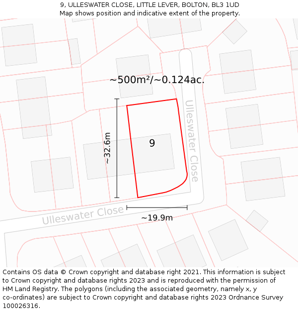 9, ULLESWATER CLOSE, LITTLE LEVER, BOLTON, BL3 1UD: Plot and title map