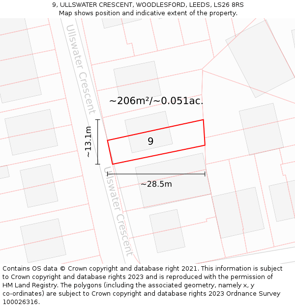 9, ULLSWATER CRESCENT, WOODLESFORD, LEEDS, LS26 8RS: Plot and title map