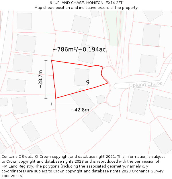 9, UPLAND CHASE, HONITON, EX14 2FT: Plot and title map
