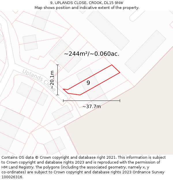 9, UPLANDS CLOSE, CROOK, DL15 9NW: Plot and title map