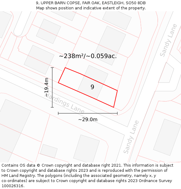 9, UPPER BARN COPSE, FAIR OAK, EASTLEIGH, SO50 8DB: Plot and title map