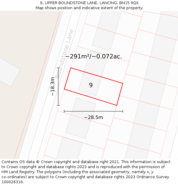 9, UPPER BOUNDSTONE LANE, LANCING, BN15 9QX: Plot and title map