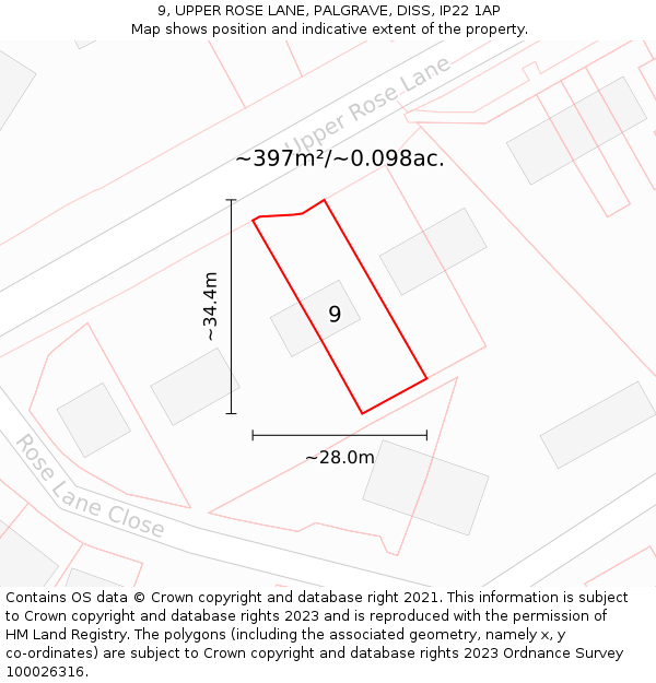 9, UPPER ROSE LANE, PALGRAVE, DISS, IP22 1AP: Plot and title map