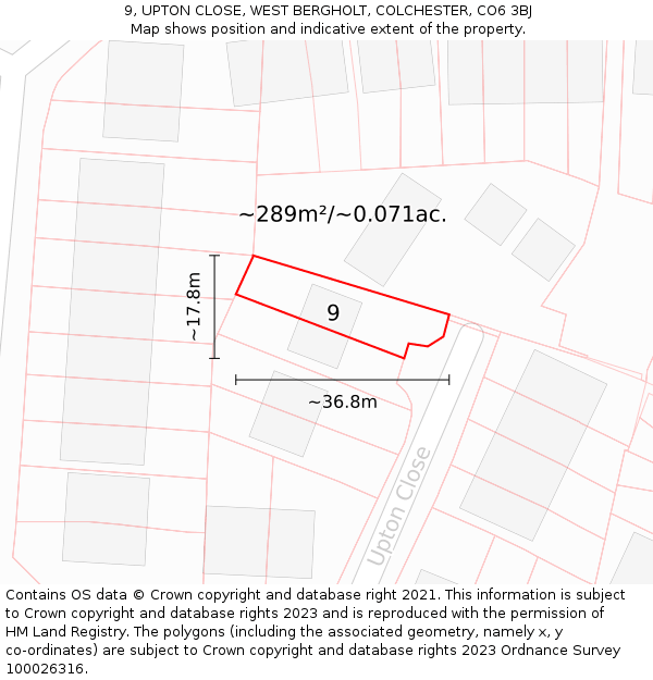 9, UPTON CLOSE, WEST BERGHOLT, COLCHESTER, CO6 3BJ: Plot and title map