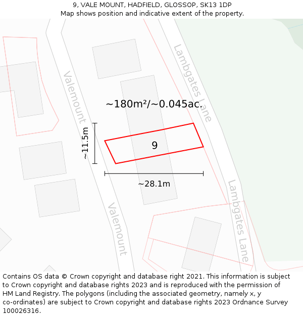 9, VALE MOUNT, HADFIELD, GLOSSOP, SK13 1DP: Plot and title map
