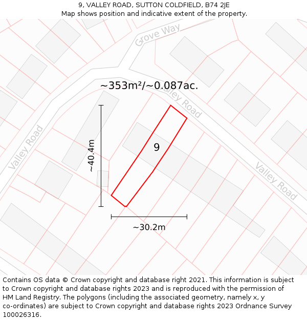 9, VALLEY ROAD, SUTTON COLDFIELD, B74 2JE: Plot and title map