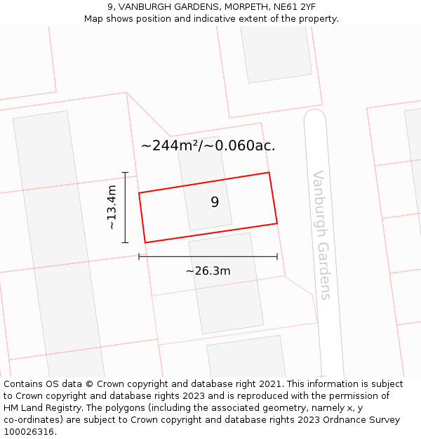 9, VANBURGH GARDENS, MORPETH, NE61 2YF: Plot and title map