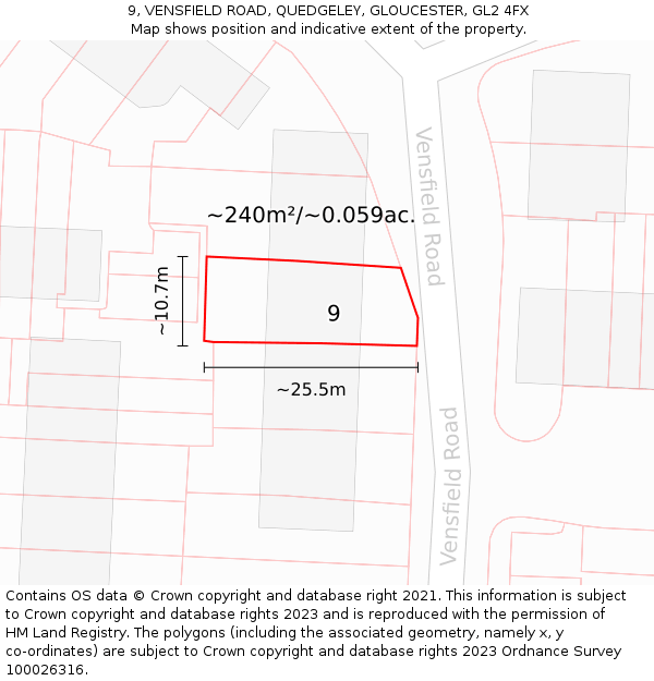 9, VENSFIELD ROAD, QUEDGELEY, GLOUCESTER, GL2 4FX: Plot and title map