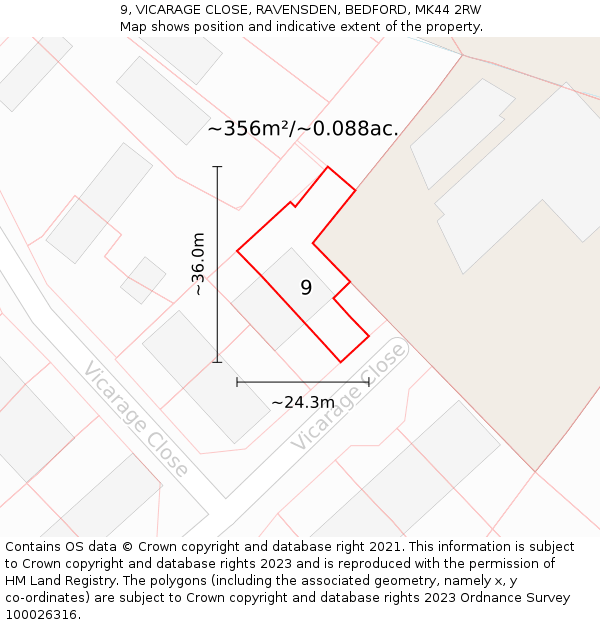 9, VICARAGE CLOSE, RAVENSDEN, BEDFORD, MK44 2RW: Plot and title map