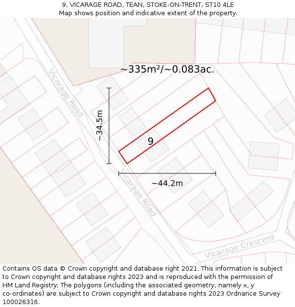 9, VICARAGE ROAD, TEAN, STOKE-ON-TRENT, ST10 4LE: Plot and title map