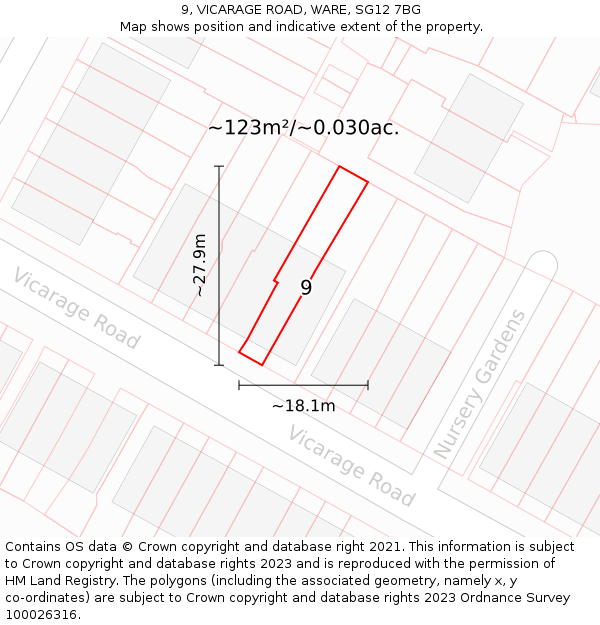 9, VICARAGE ROAD, WARE, SG12 7BG: Plot and title map