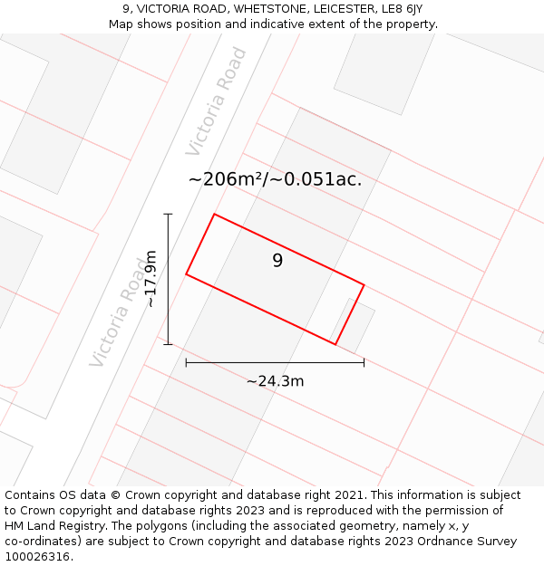9, VICTORIA ROAD, WHETSTONE, LEICESTER, LE8 6JY: Plot and title map