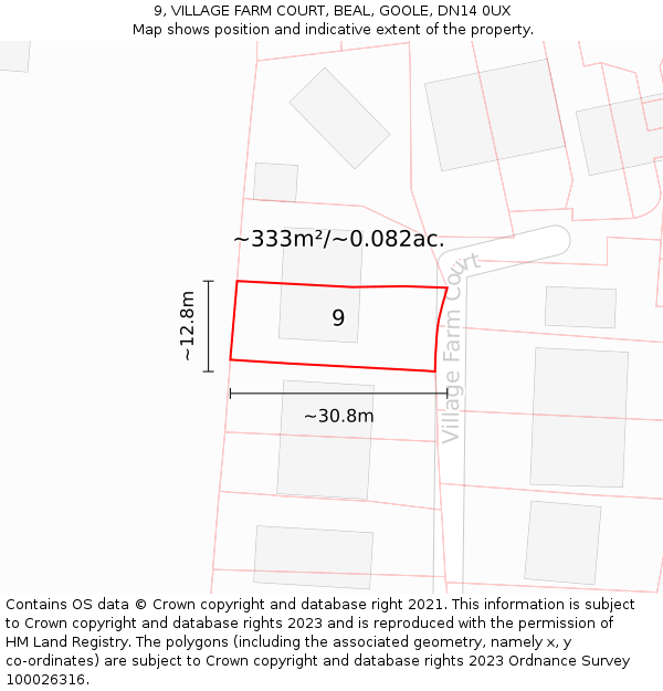 9, VILLAGE FARM COURT, BEAL, GOOLE, DN14 0UX: Plot and title map