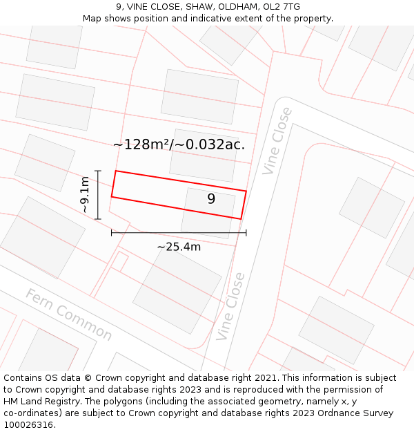 9, VINE CLOSE, SHAW, OLDHAM, OL2 7TG: Plot and title map